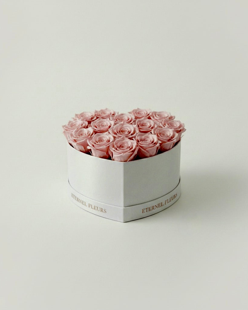 White round box with pink roses on a light gray background