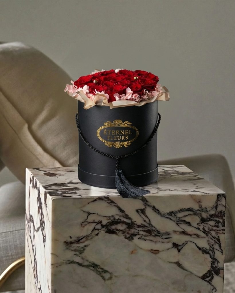 Black round flower box with red and pink roses on a marble table