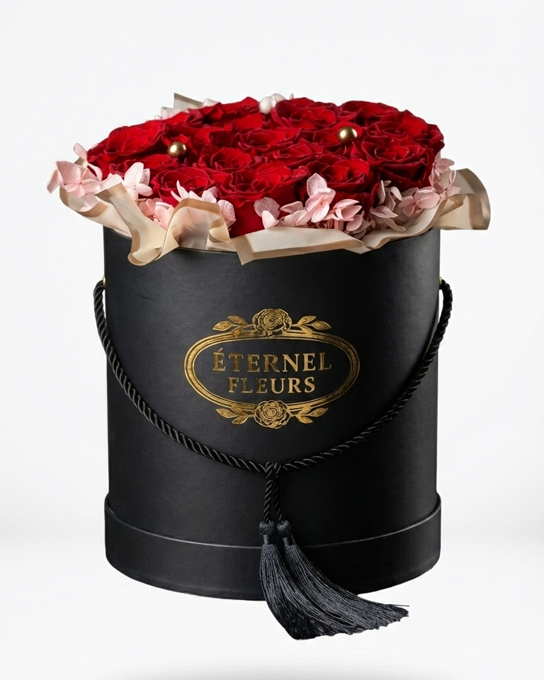 Black cylindrical box with red roses and beige accents, featuring 'Eternel Fleurs' branding.
