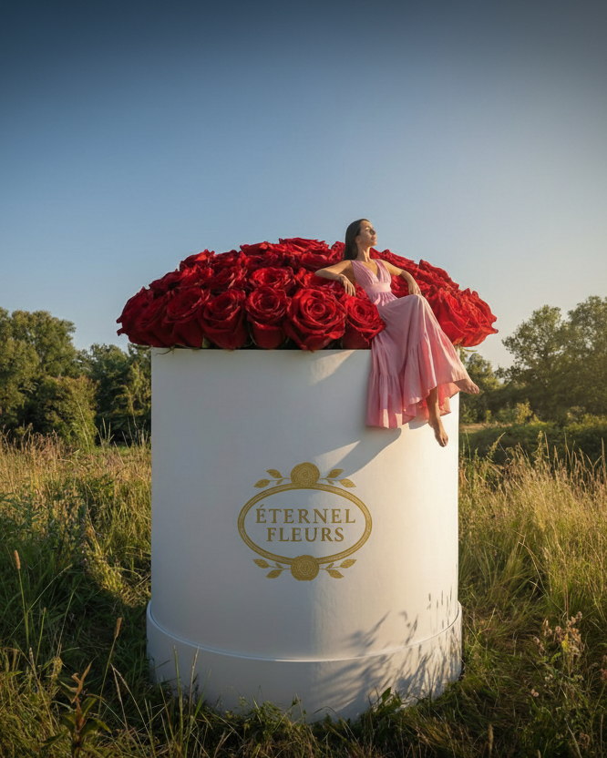 Person in a pink dress sitting on a large white container filled with red roses in a field.